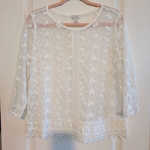 Hinge White Lace Boxy Blouse 3/4 Sleeve